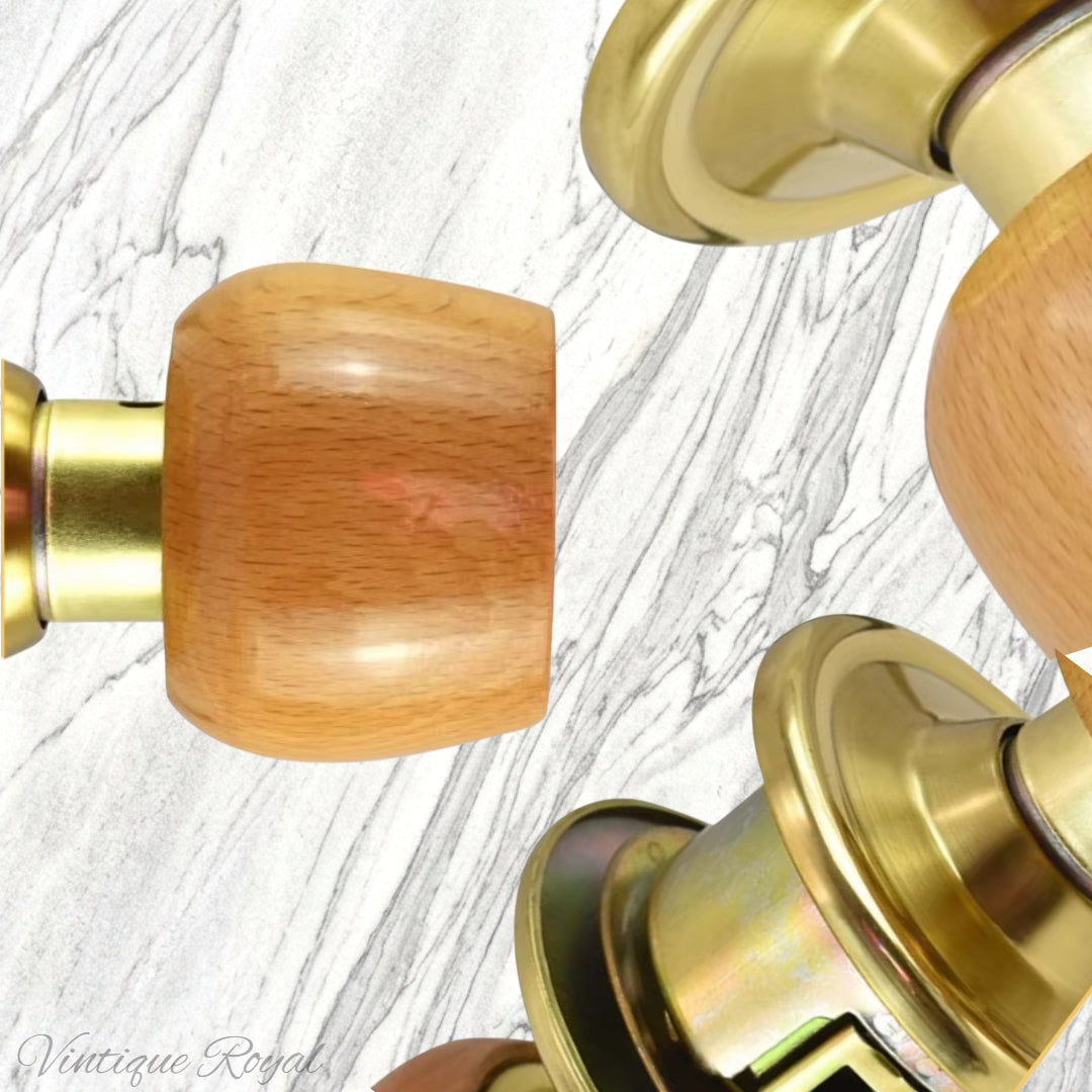 Birch wood door knob with a stylish rose, featuring a gold finish and a smooth, rounded design.
