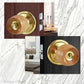 Birch door knob with a gold base and lock, mounted on two different doors with a stylish rose design.