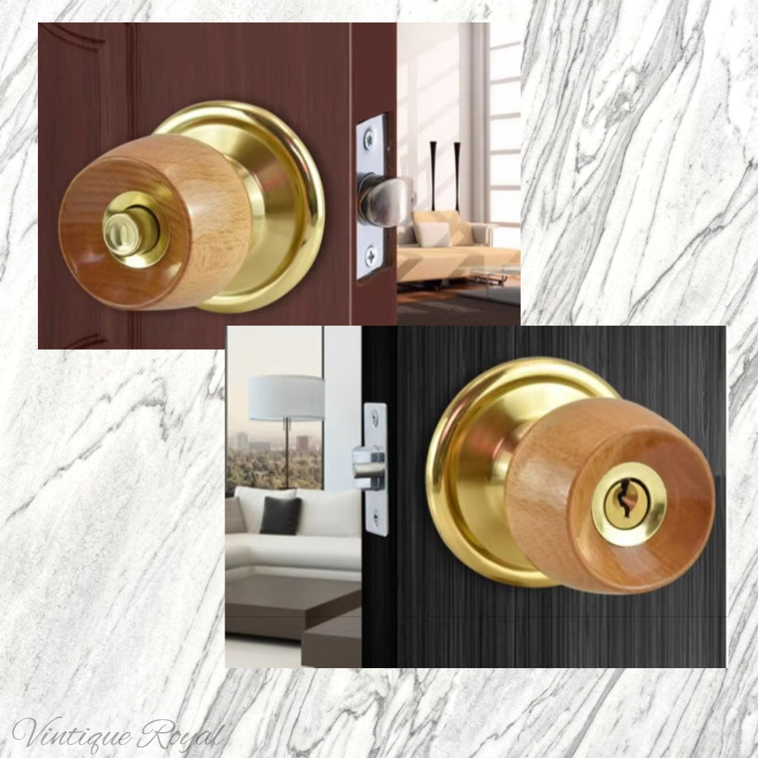 Birch door knob with a gold base and lock, mounted on two different doors with a stylish rose design.
