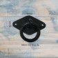 Black forged iron ring pull with a 38mm diameter ring, mounted on a diamond-shaped plate, measurements included.