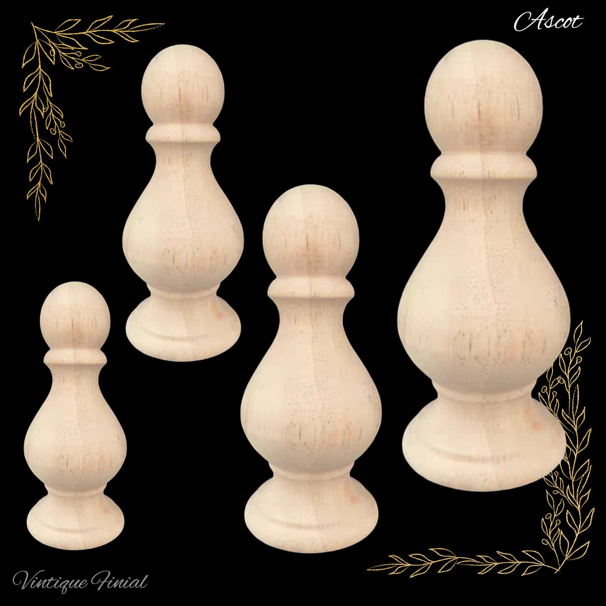 Ascot carved Wooden finial -4 sizes- regal and lovely