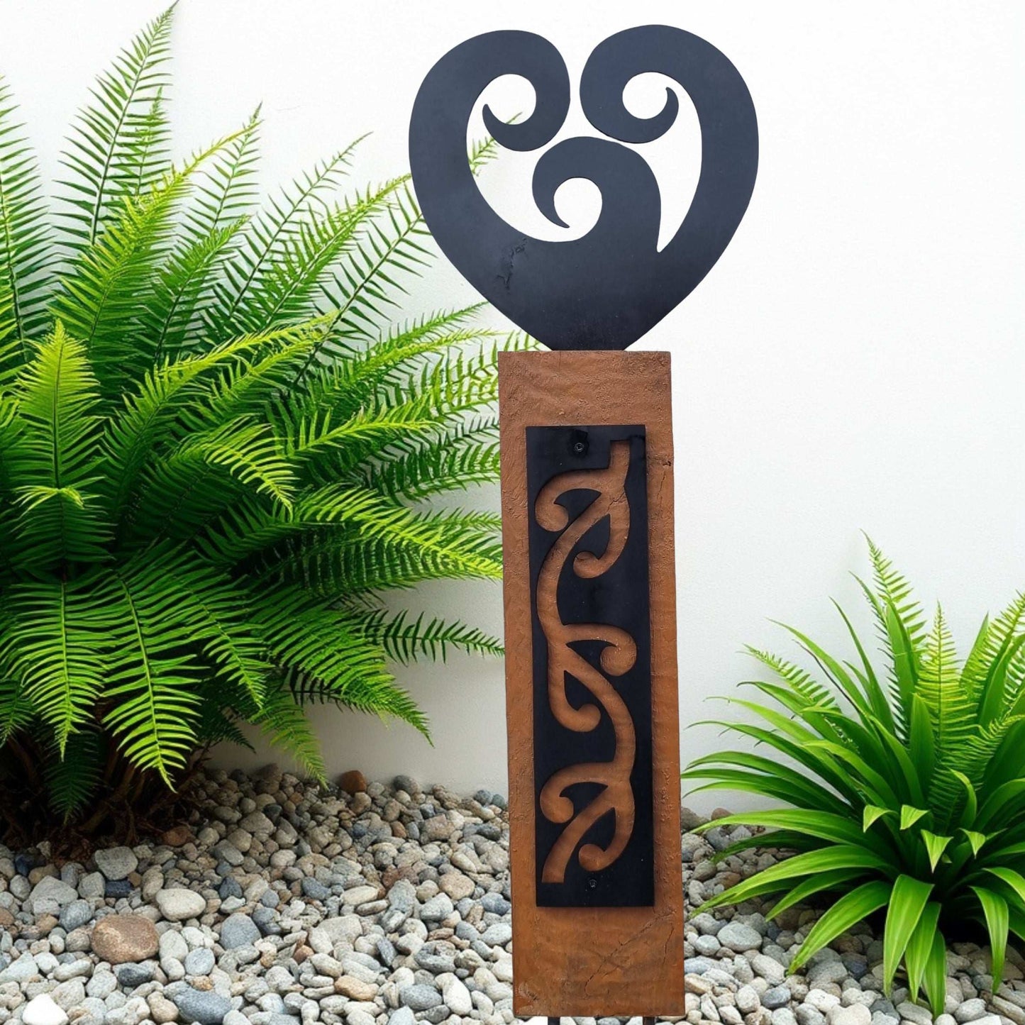 Black metal NZ Koru Heart on Rustic Oak Post-Garden Art