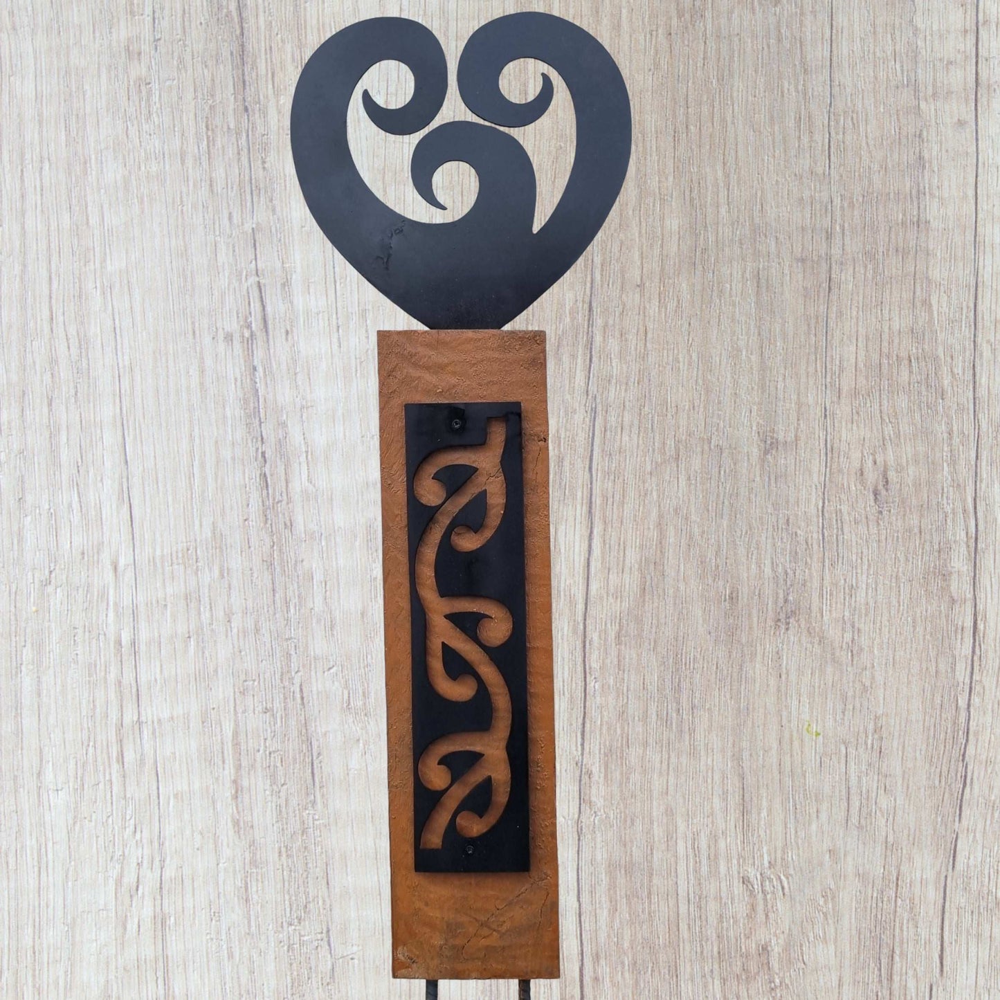 Black metal NZ Koru Heart on Rustic Oak Post-Garden Art