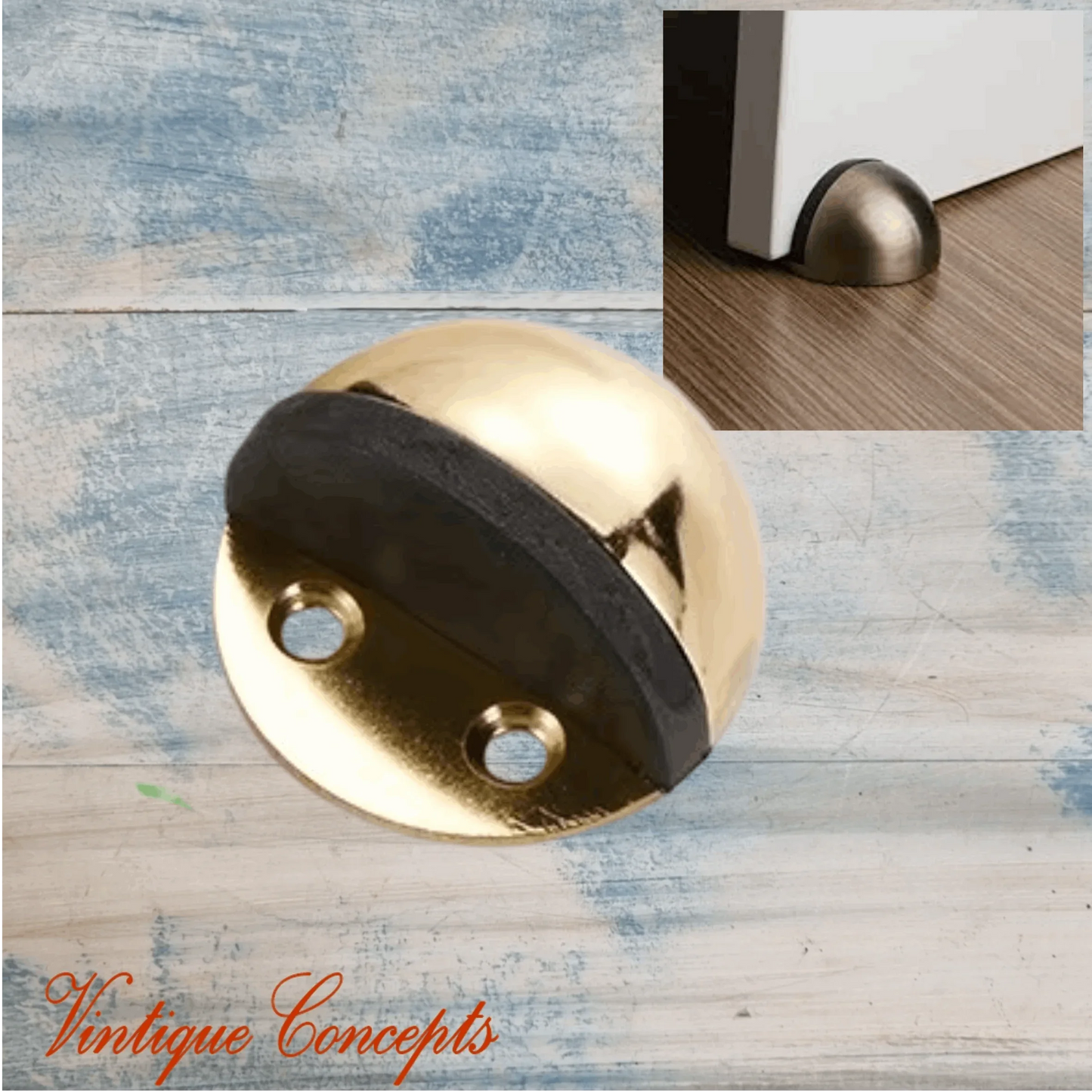 Bright Gold Stainless Steel Oval Floor Non-Magnetic Rubber Door Stop-NEW - Vintique Concepts