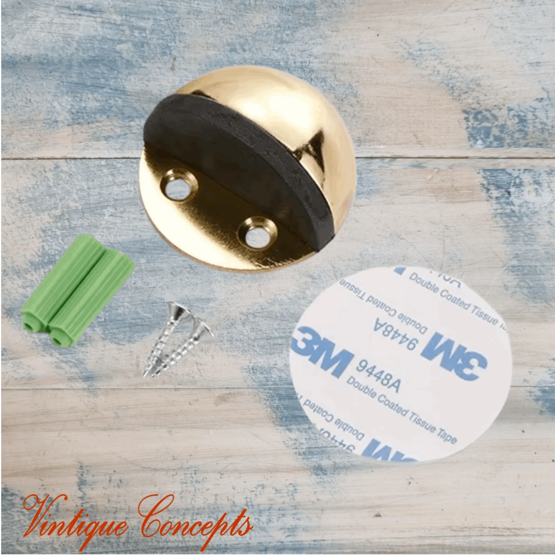 Bright Gold Stainless Steel Oval Floor Non-Magnetic Rubber Door Stop-NEW - Vintique Concepts