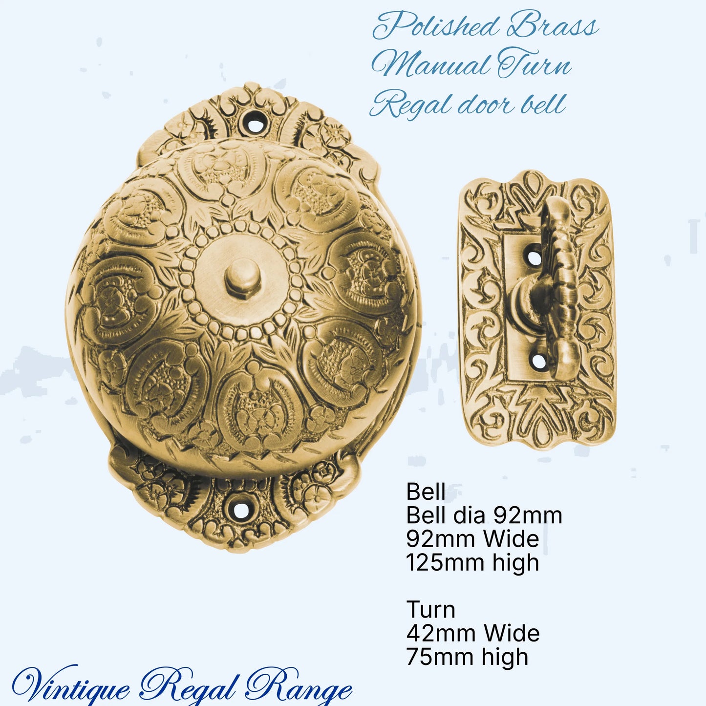 Polished Brass Regal manual Turn door bell 92mm dia bell - Vintique Concepts