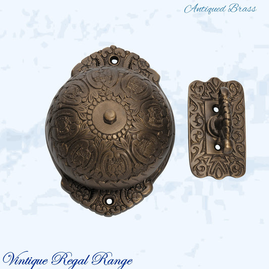 Antiqued Brass Regal manual Turn door bell 92mm dia bell - Vintique Concepts