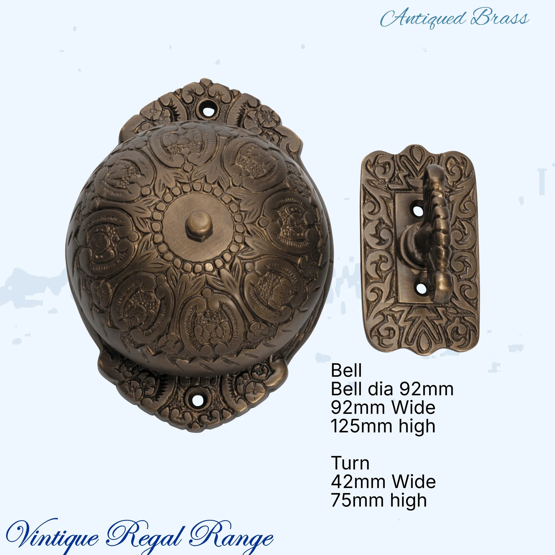Antiqued Brass Regal manual Turn door bell 92mm dia bell - Vintique Concepts