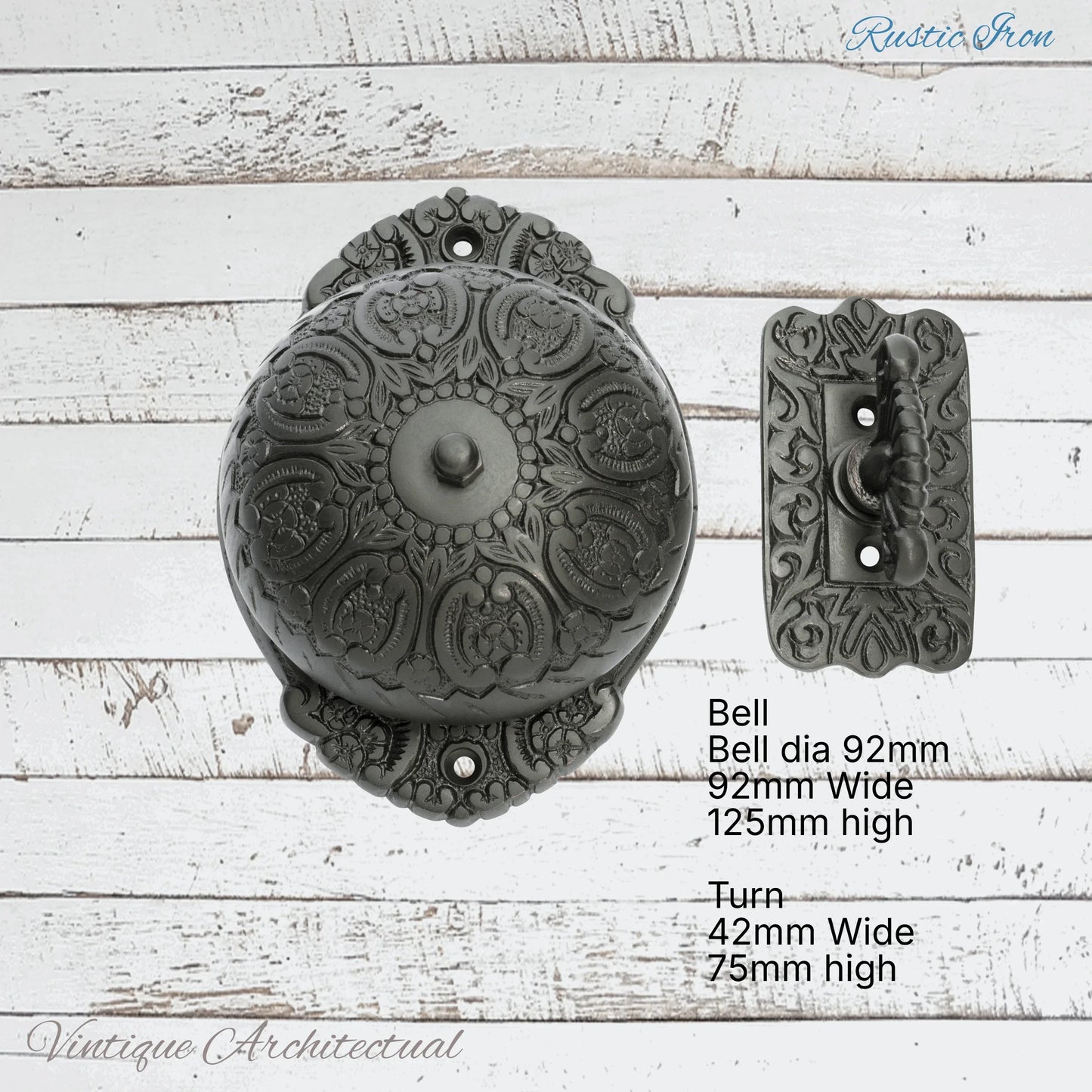 Rustic Iron Regal manual Turn door bell 92mm dia bell - Vintique Concepts