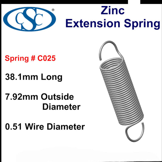 Zinc Extension Spring 38.1 mmL (x 8.74 OD x 0.71 WD)