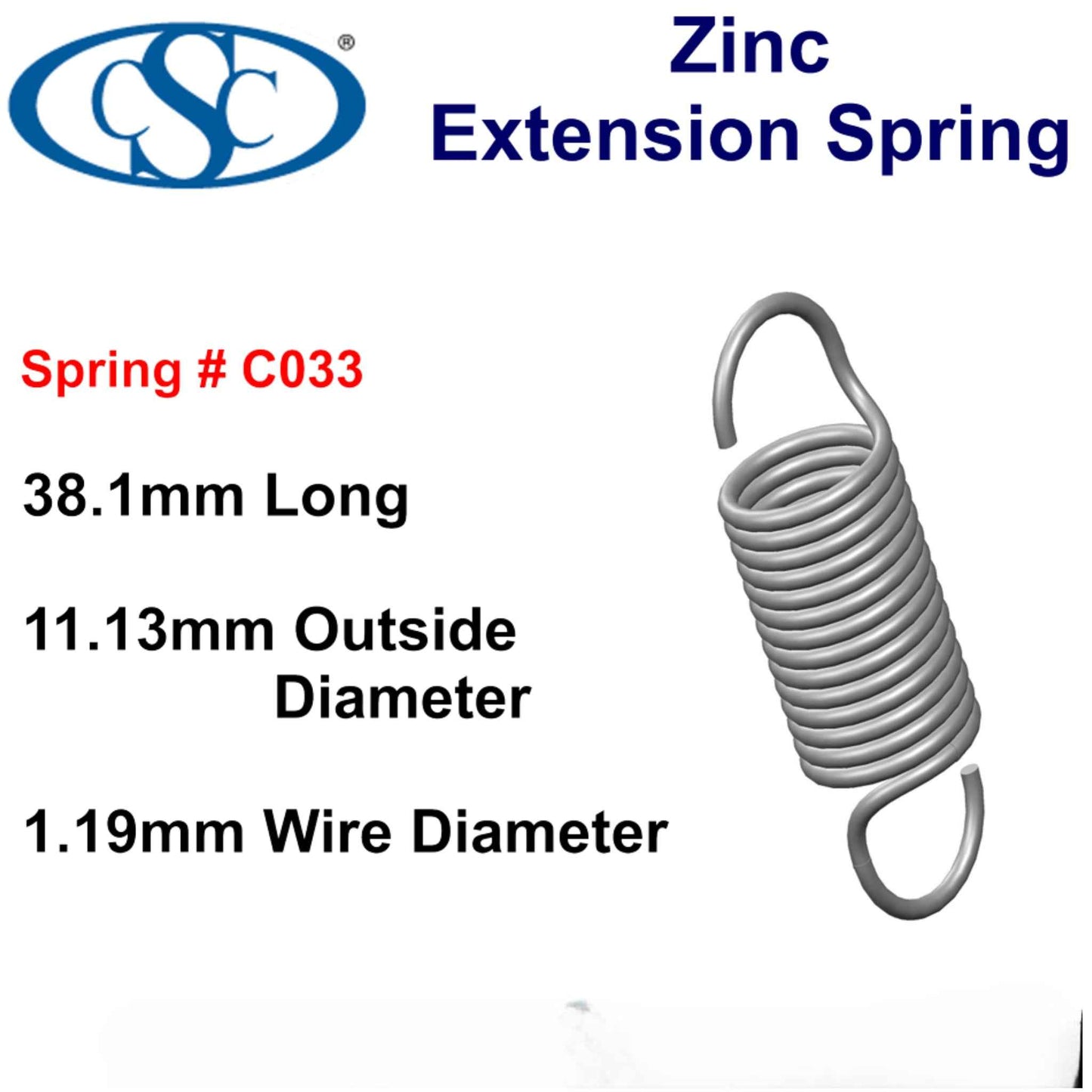 Zinc Extension Spring 38.1 mmL (x 11.13 OD x 1.19 WD) C033