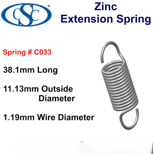 Zinc Extension Spring 38.1 mmL (x 11.13 OD x 1.19 WD) C033
