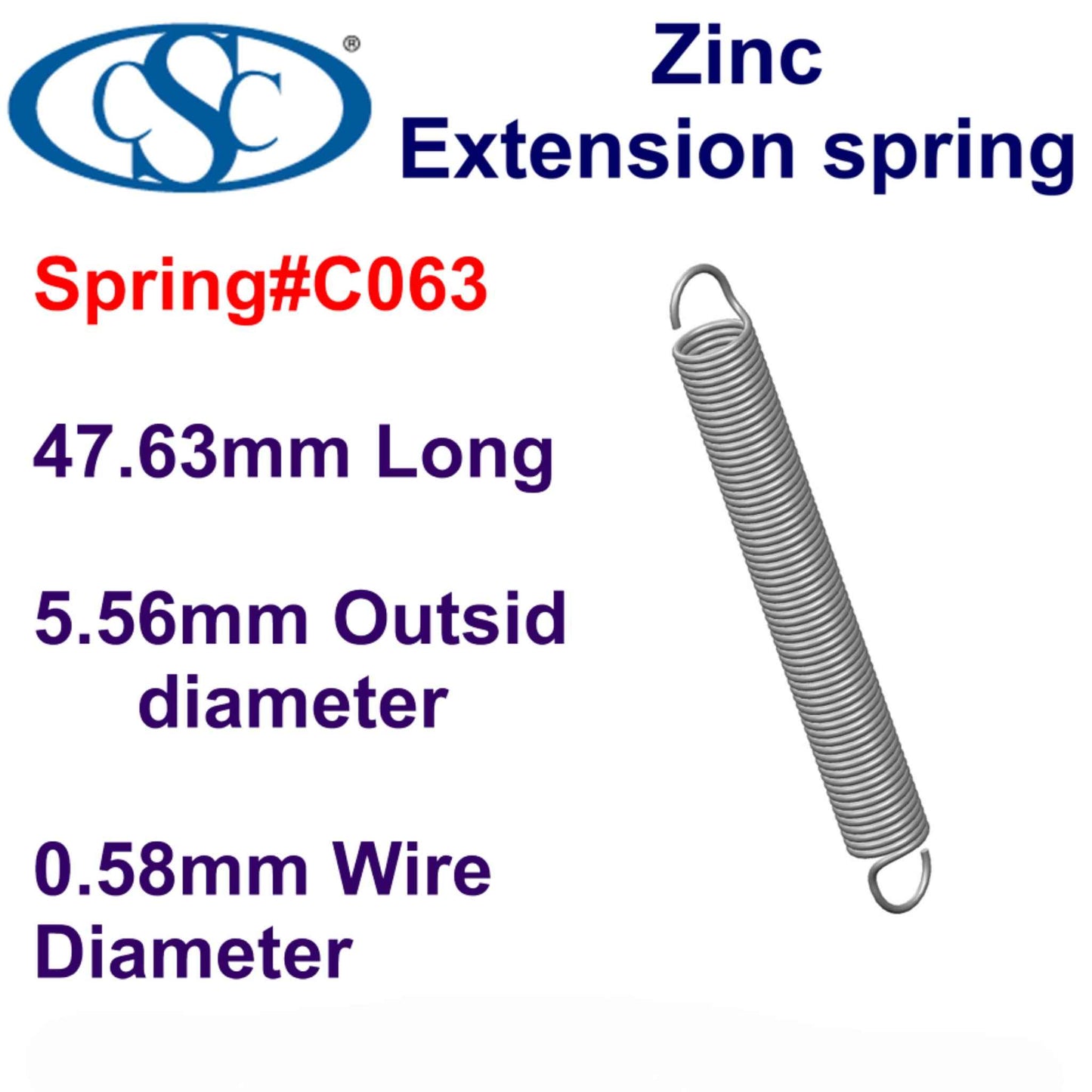 Zinc Extension Spring 47.63mm Long (6.35 OD x 0.51 WD)