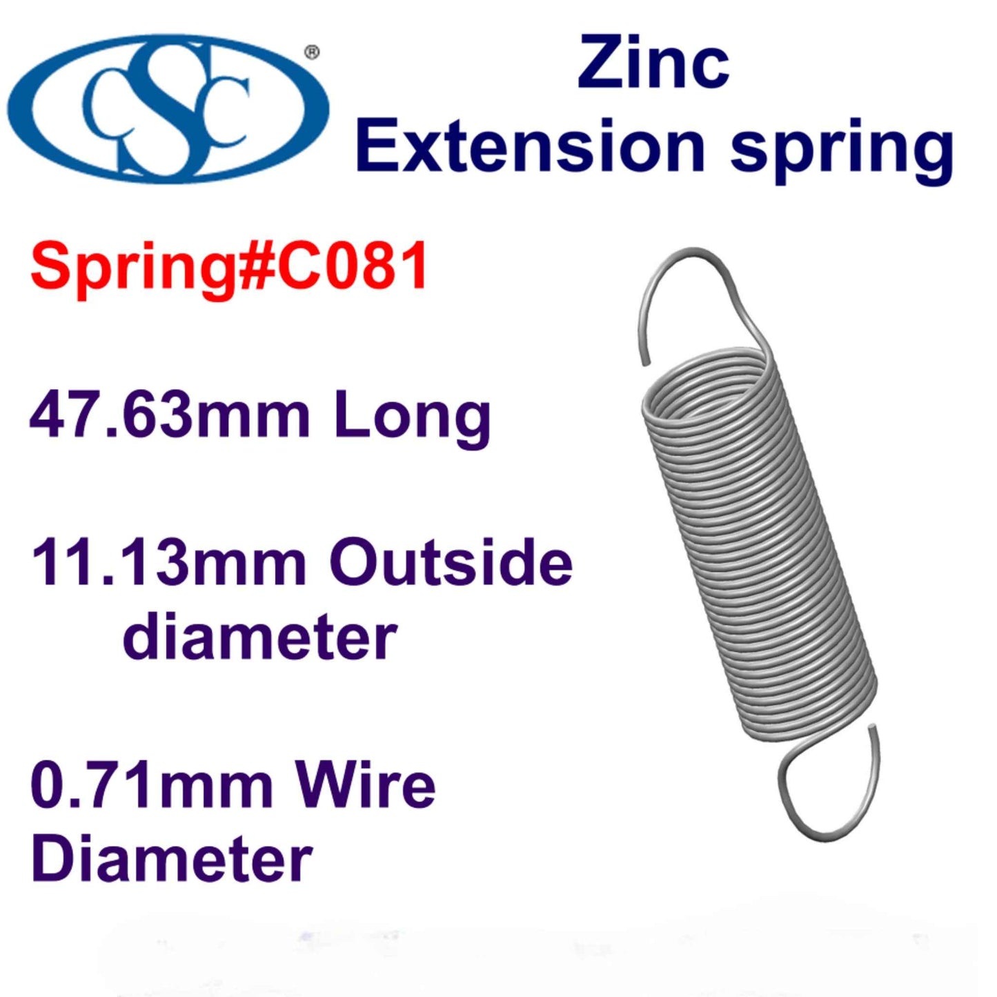 Zinc Extension Spring 47.63mm Long (x 11.13 OD x 1.19 WD) C083