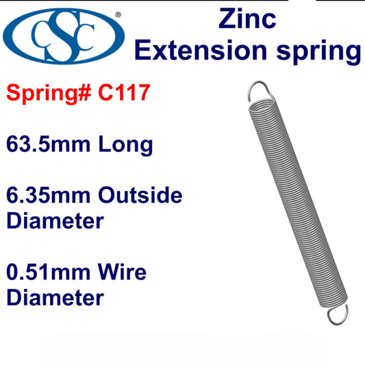 Zinc Extension Spring  63.5mm Long (6.35 OD x 0.89 WD)