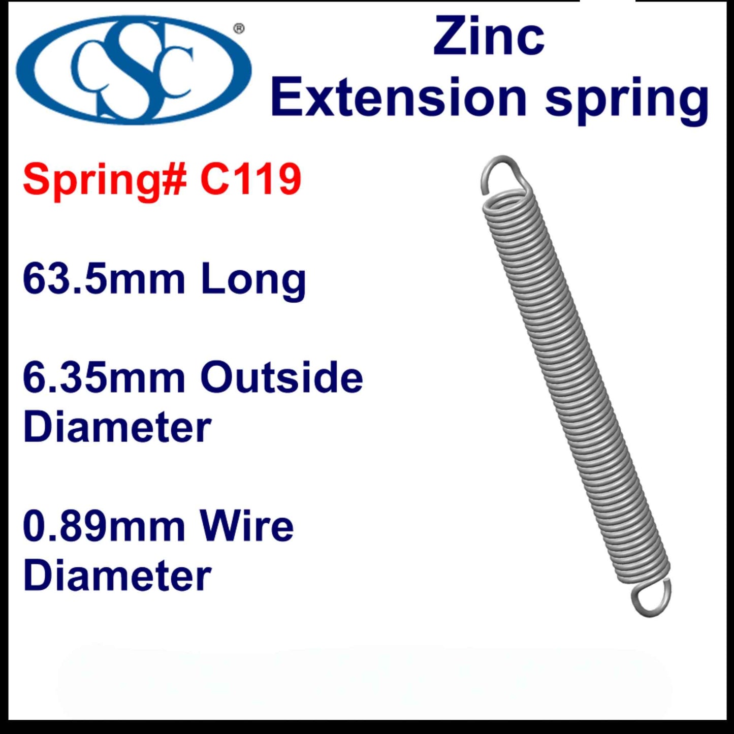 Zinc Extension Spring  63.5mm Long (11.13 OD x 0.71 WD)