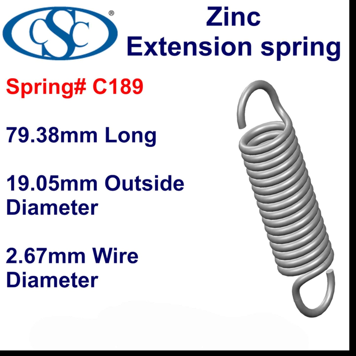 Zinc Extension Spring  95.25mm Long (19.05 OD x 2.67 WD) C191 from Century