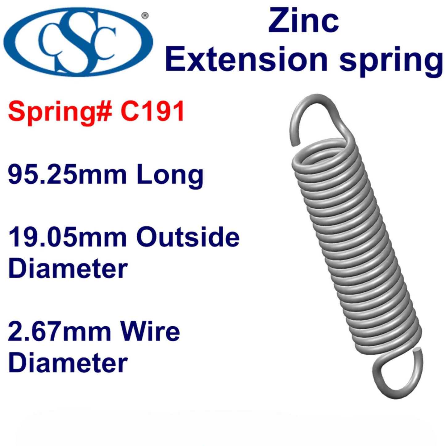 Zinc Extension Spring  101.6mm Long (9.53 OD x 0.86 WD) C193 from Century