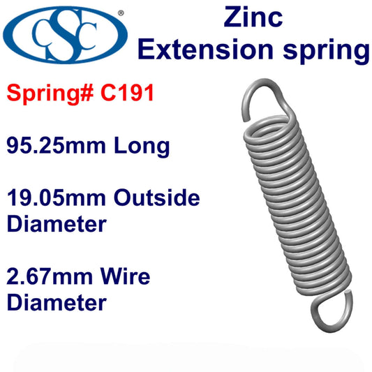 Zinc Extension Spring  101.6mm Long (9.53 OD x 0.86 WD) C193 from Century