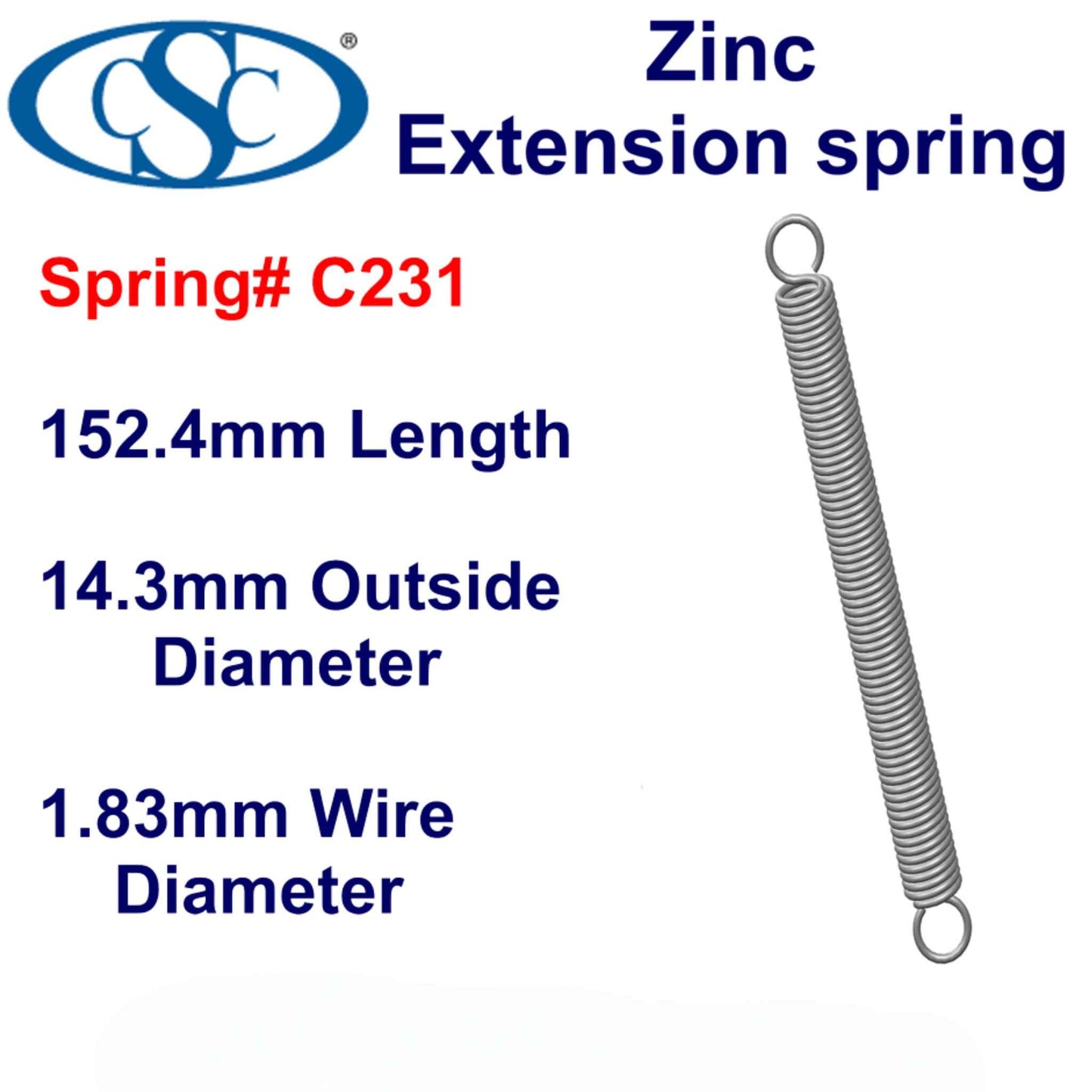 Zinc Extension Spring 152.4mm Long (6.35 OD x 0.86 WD) C233 from Century