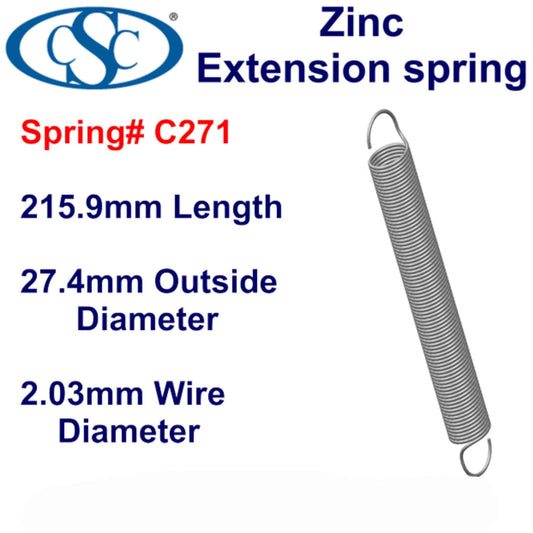 Zinc Extension Spring 215.9mm long (28.58 OD x 3.76 WD) C273 from Century