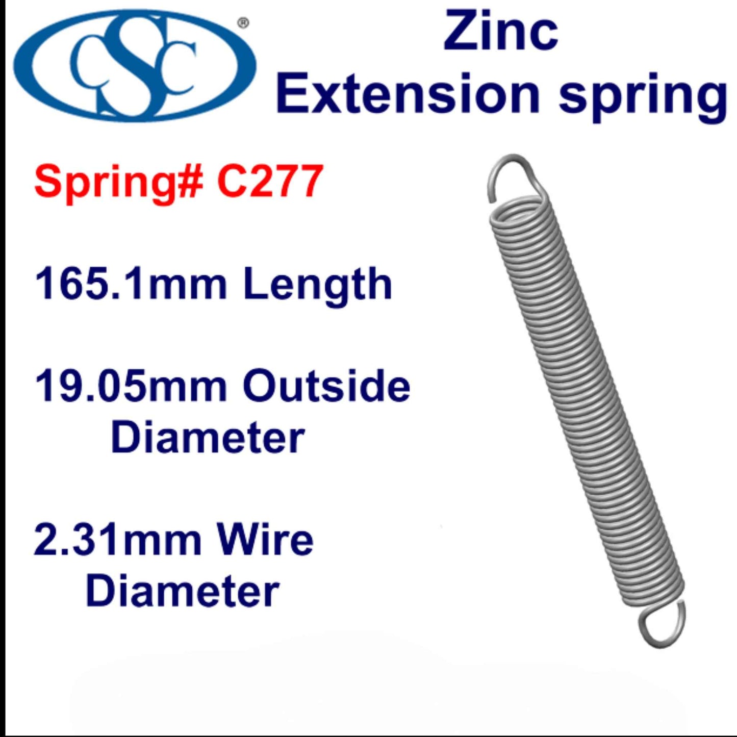 Zinc Extension Spring 139.7mm Long (9.53 OD x 1.57 WD) C281 from Century