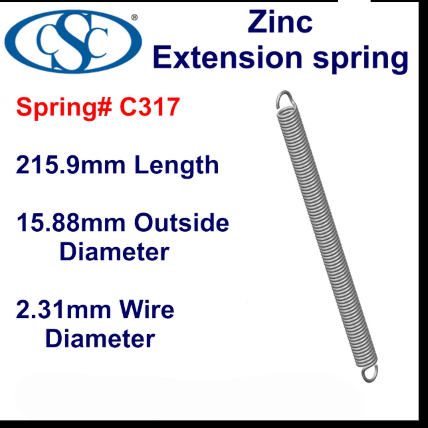 Zinc Extension Spring 215.9mm Long (14.3 OD x 1.37 WD) C319 from Century