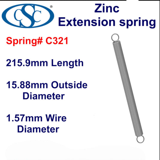 Zinc Extension Spring 215.9mm Long (15.88 OD x 2.03 WD) C323from Century