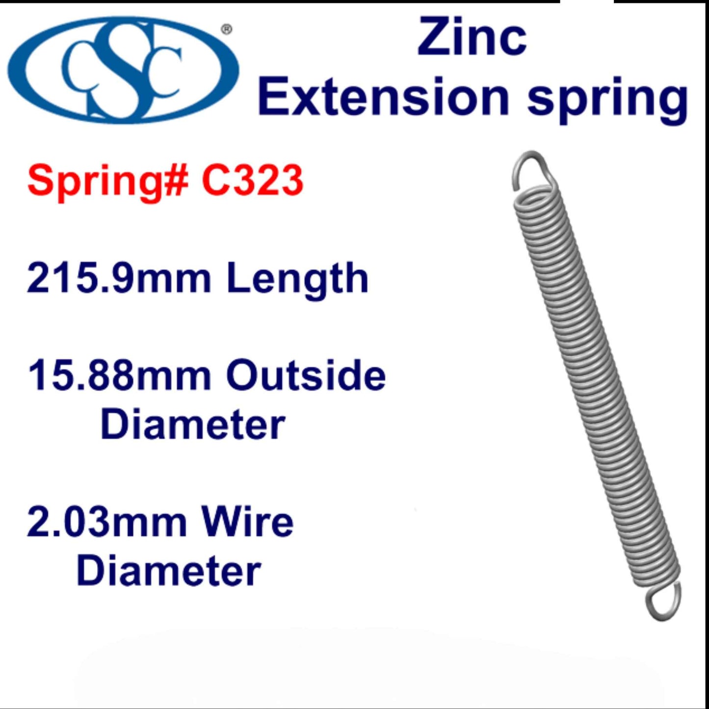 Zinc Extension Spring  215.9mm Long (22.23 OD x 1.57 WD) C325 from Century