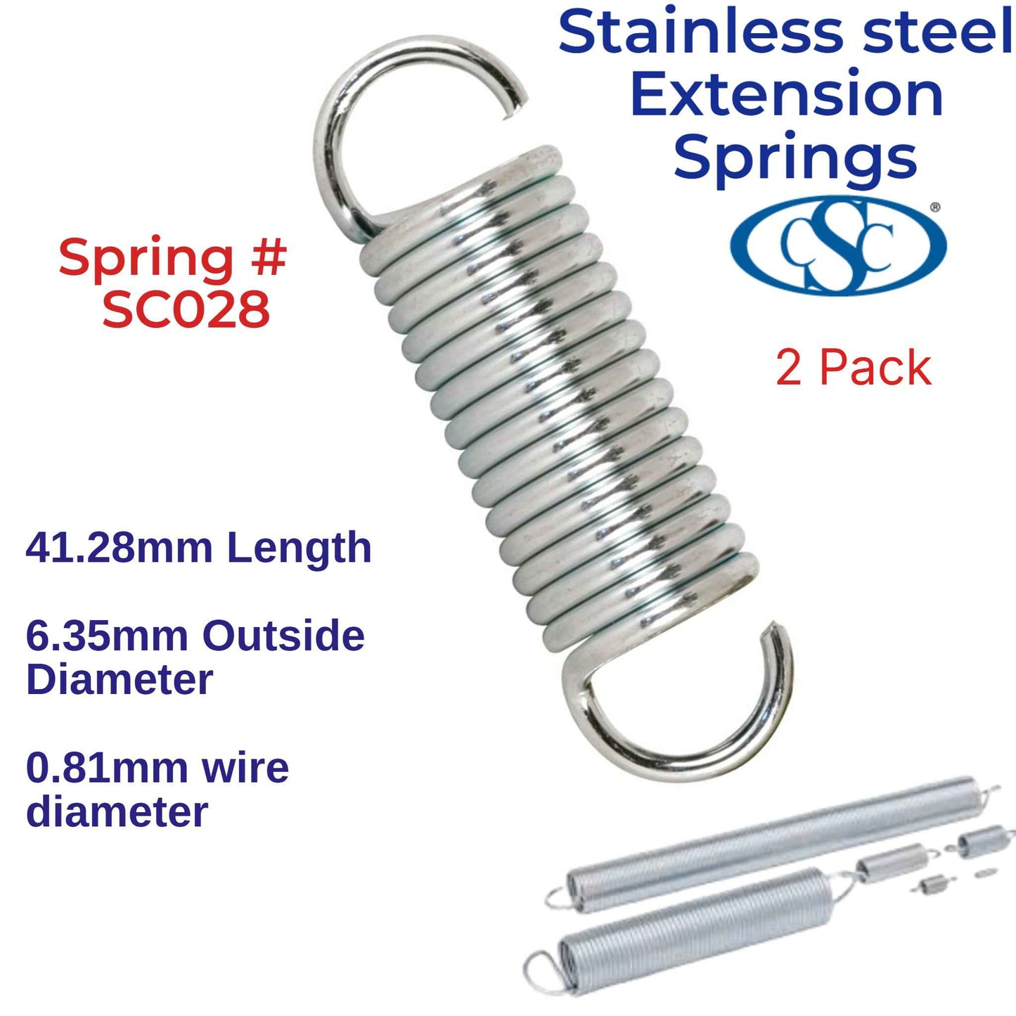 Stainless Steel Extension Spring 47.63mm Long (6.35 OD x 0.81 WD) SC03 (2 Pack) from Century