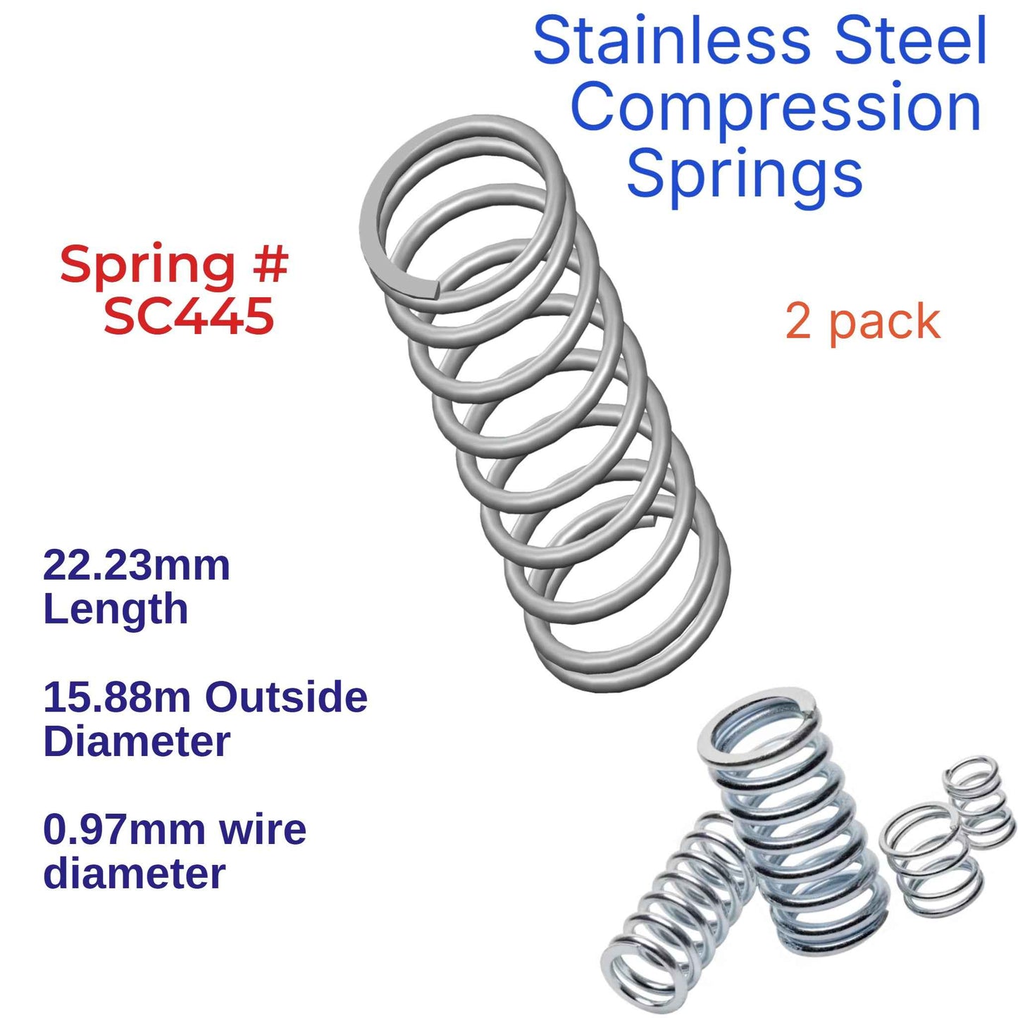 Stainless Steel Compression Spring 28.58mm Long (15.88 OD x 1.7 WD) C447 (2 Pack) from Century