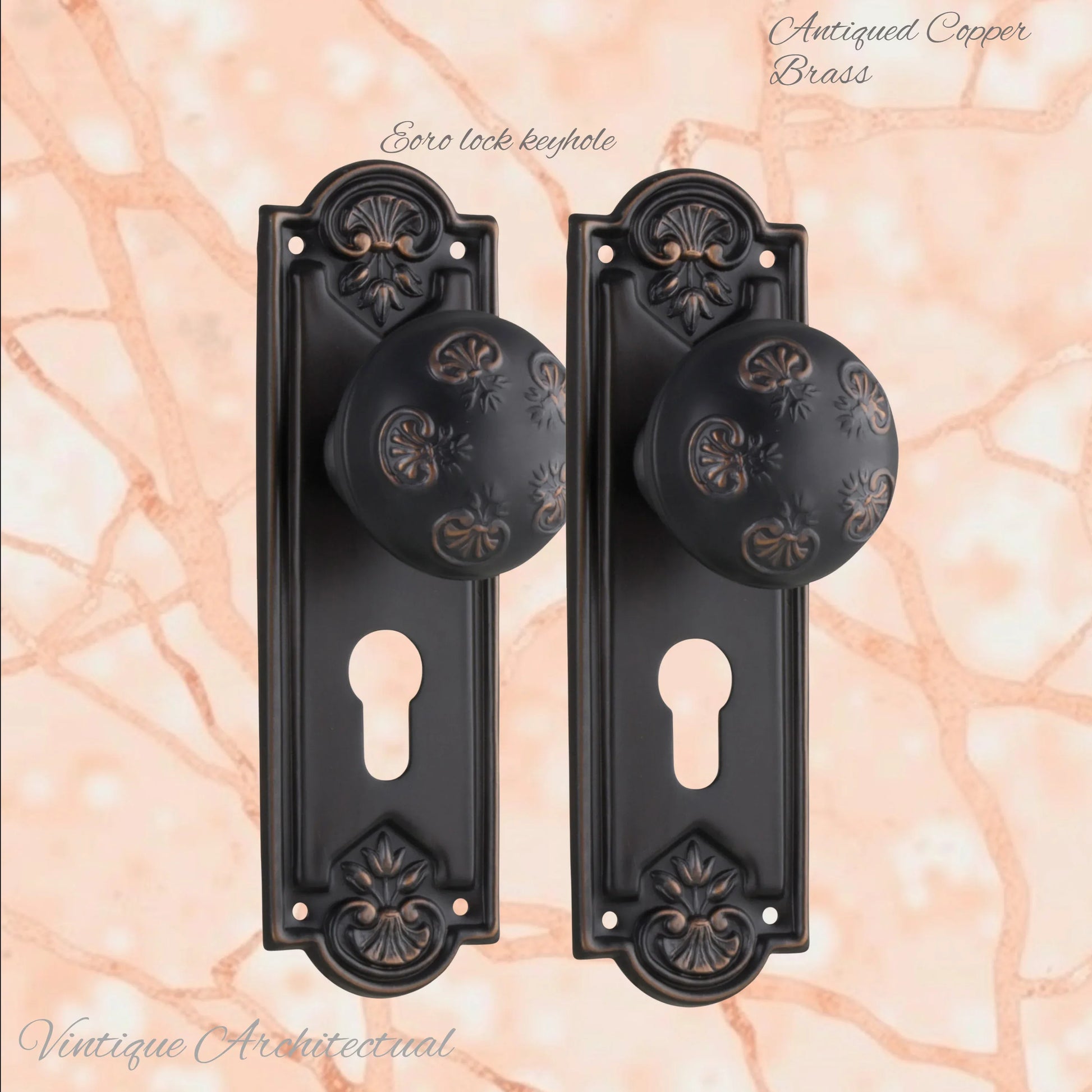 Antique Copper Francis Door knob W/backplate 188mmx58mm - Vintique Concepts