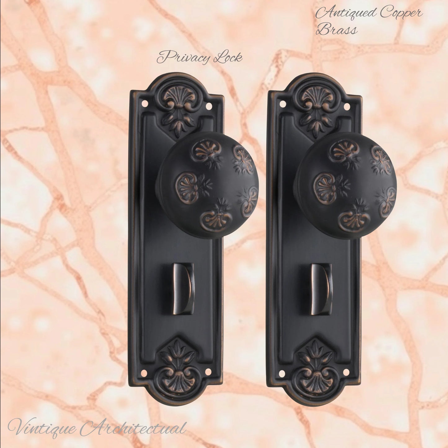 Antique Copper Francis Door knob W/backplate 188mmx58mm - Vintique Concepts