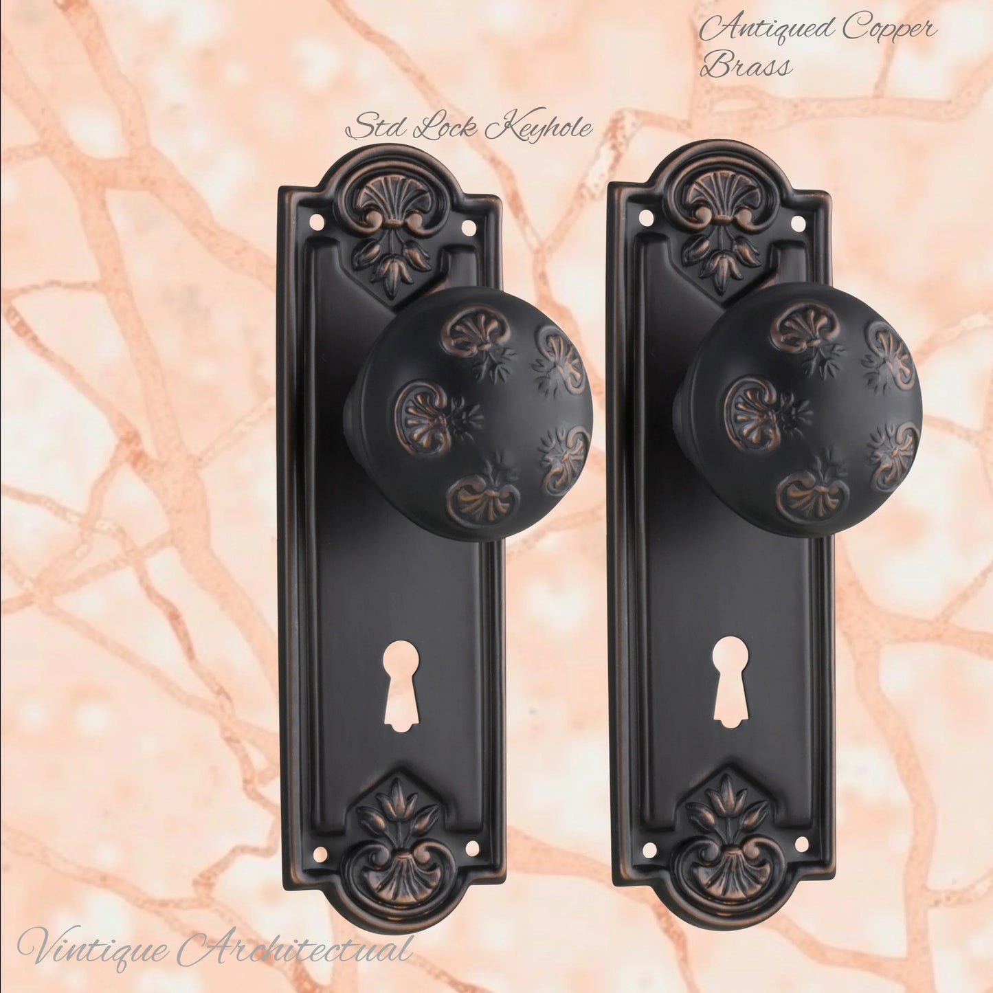 Antique Copper Francis Door knob W/backplate 188mmx58mm - Vintique Concepts