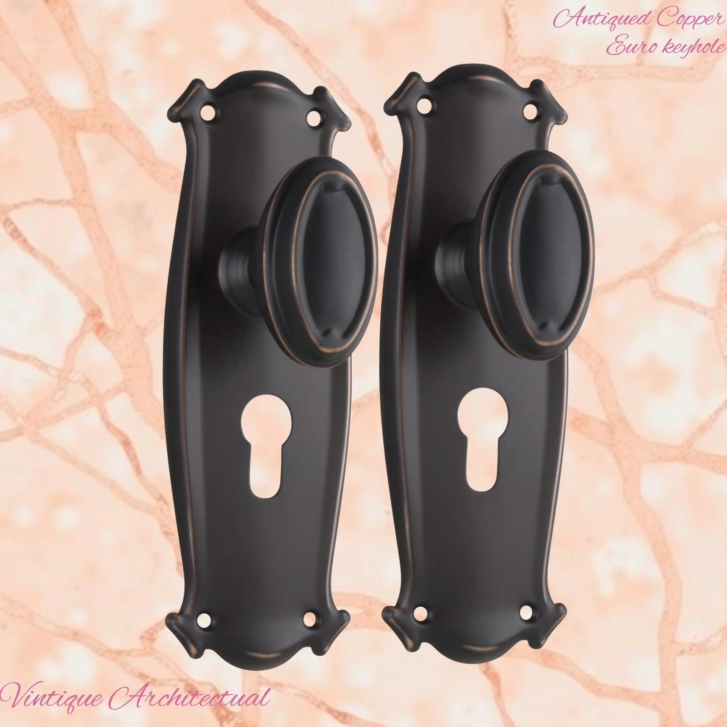 Antiqued Copper Chateau Door knob W/backplate 197 x 68mm - Vintique Concepts