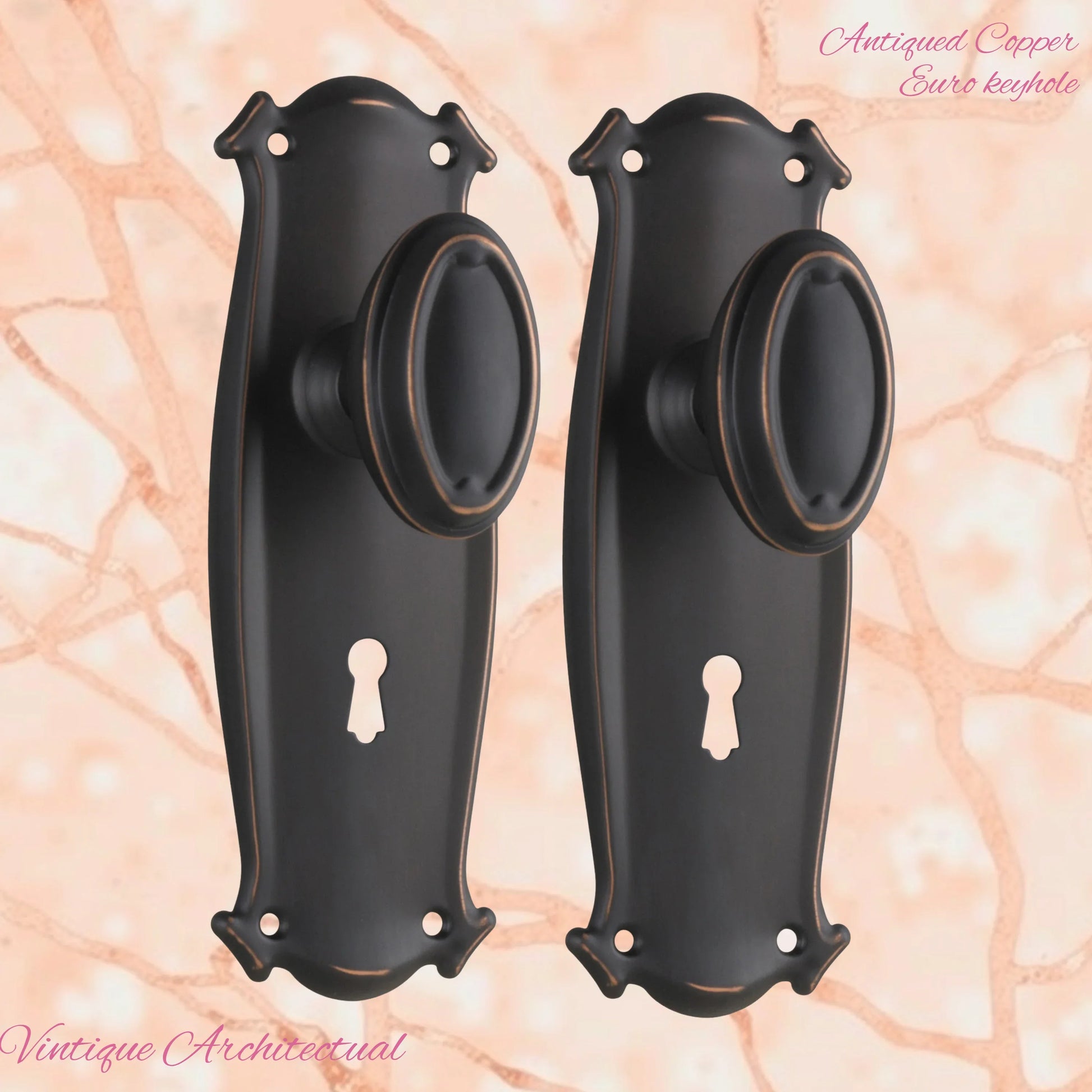 Antiqued Copper Chateau Door knob W/backplate 197 x 68mm - Vintique Concepts