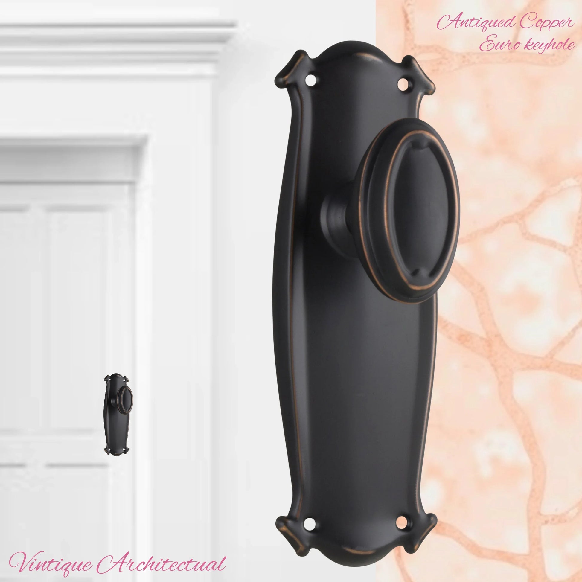 Antiqued Copper Chateau Door knob W/backplate 197 x 68mm - Vintique Concepts