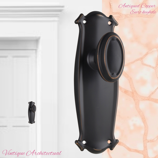 Antiqued Copper Chateau Door knob W/backplate 197 x 68mm
