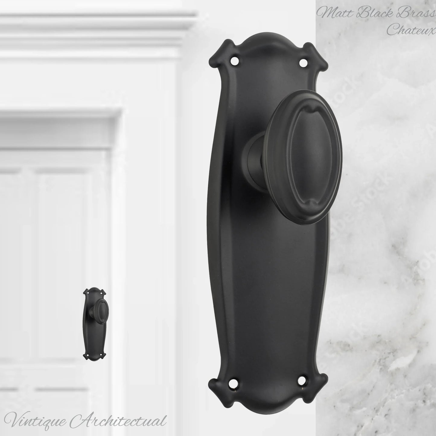 Matt Black Brass Chateau Door knob W/backplate 197 x 68mm - Vintique Concepts