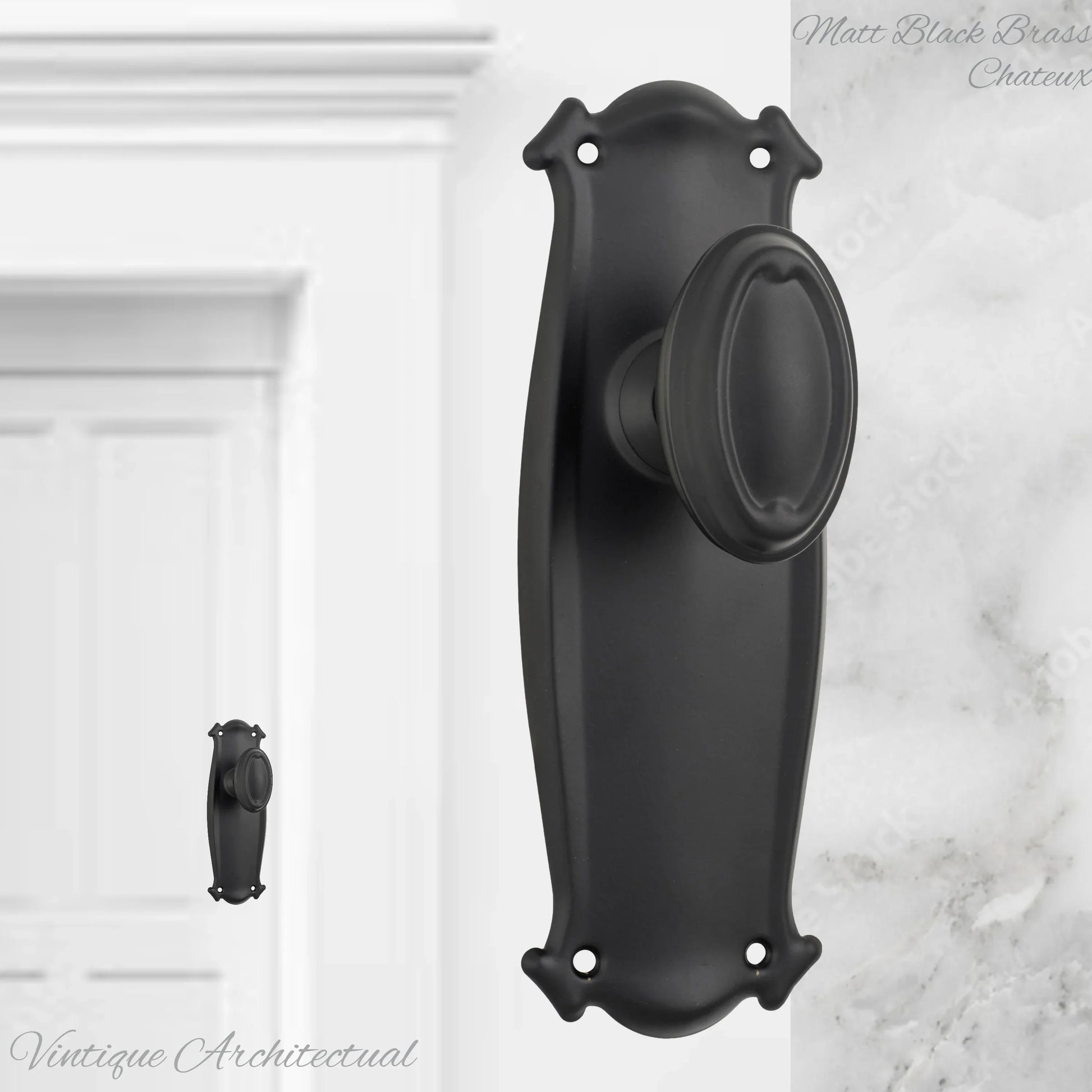 Matt Black Brass Chateau Door knob W/backplate 197 x 68mm - Vintique Concepts