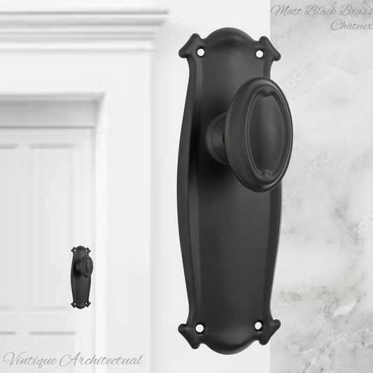 Matt Black Brass Chateau Door knob W/backplate 197 x 68mm