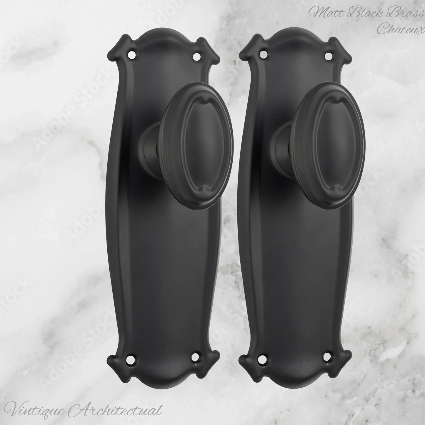 Matt Black Brass Chateau Door knob W/backplate 197 x 68mm - Vintique Concepts