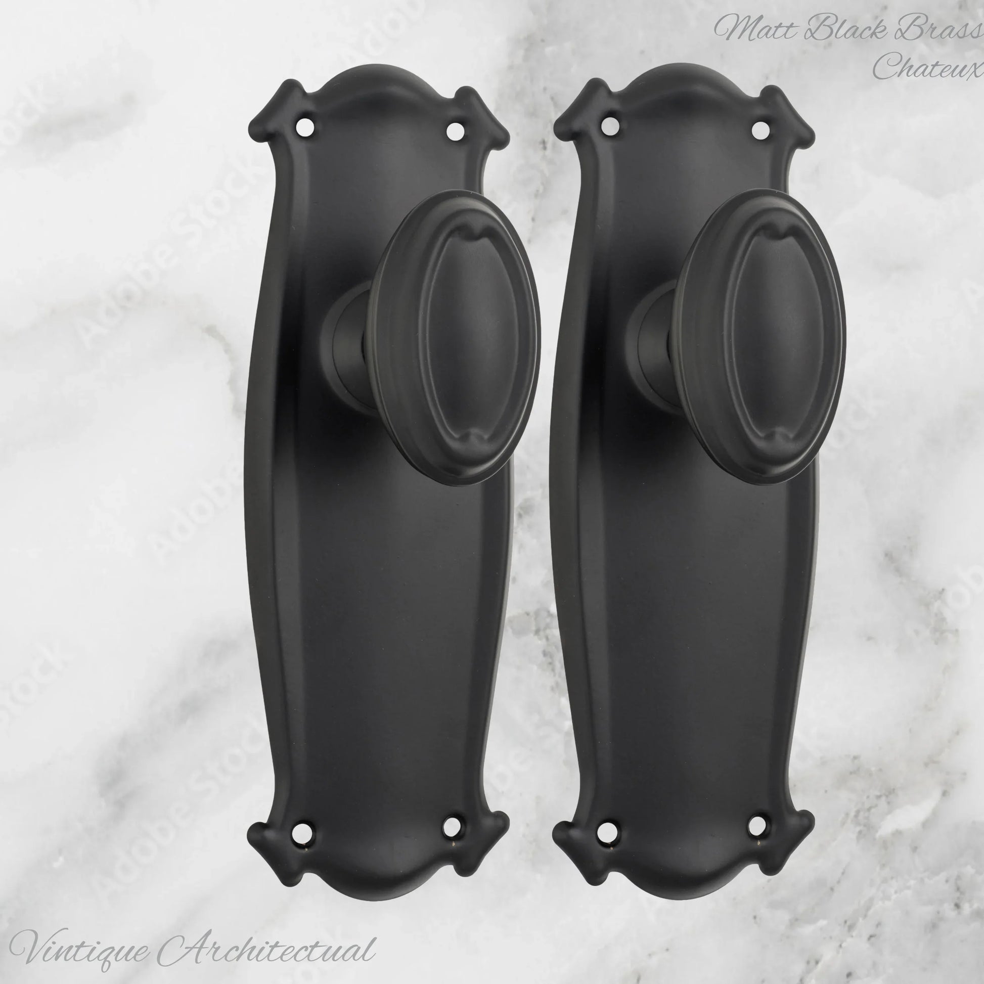Matt Black Brass Chateau Door knob W/backplate 197 x 68mm - Vintique Concepts