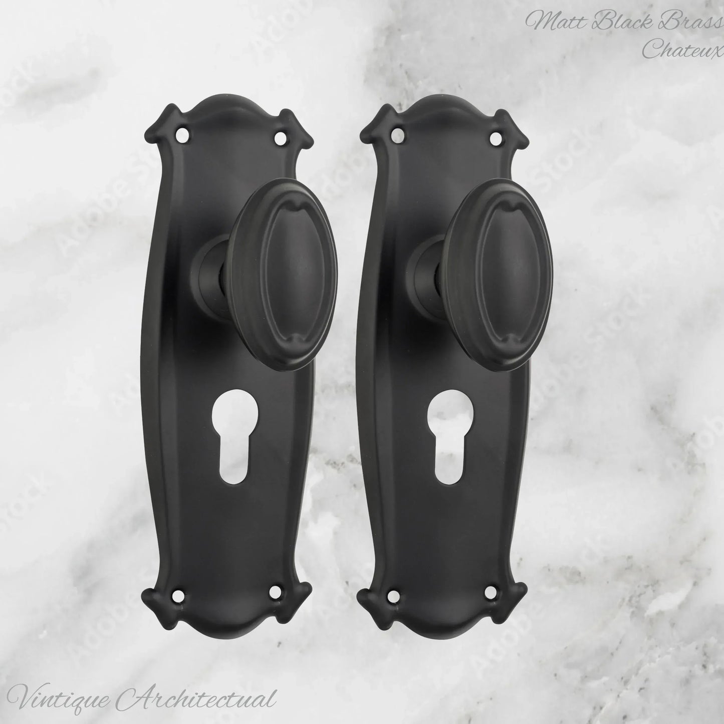 Matt Black Brass Chateau Door knob W/backplate 197 x 68mm - Vintique Concepts