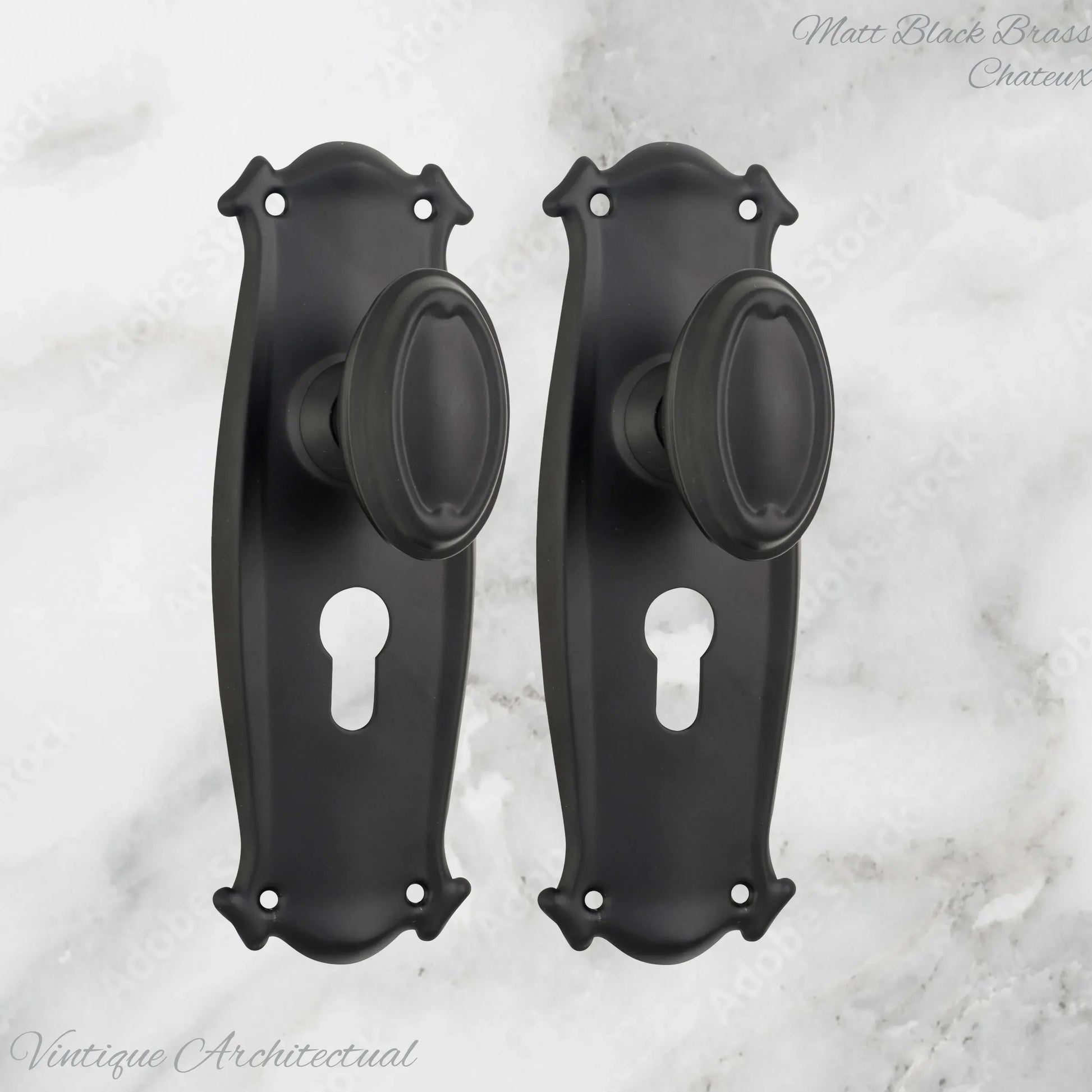 Matt Black Brass Chateau Door knob W/backplate 197 x 68mm - Vintique Concepts