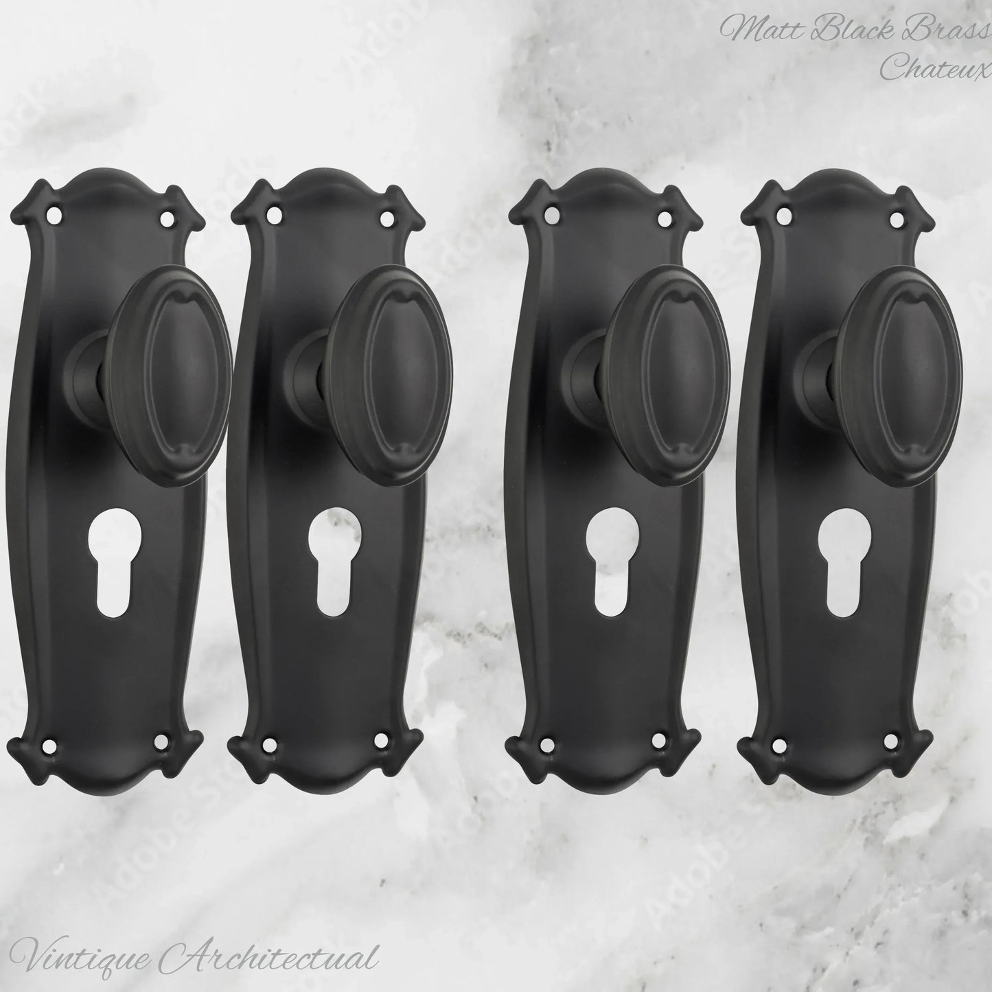 Matt Black Brass Chateau Door knob W/backplate 197 x 68mm - Vintique Concepts