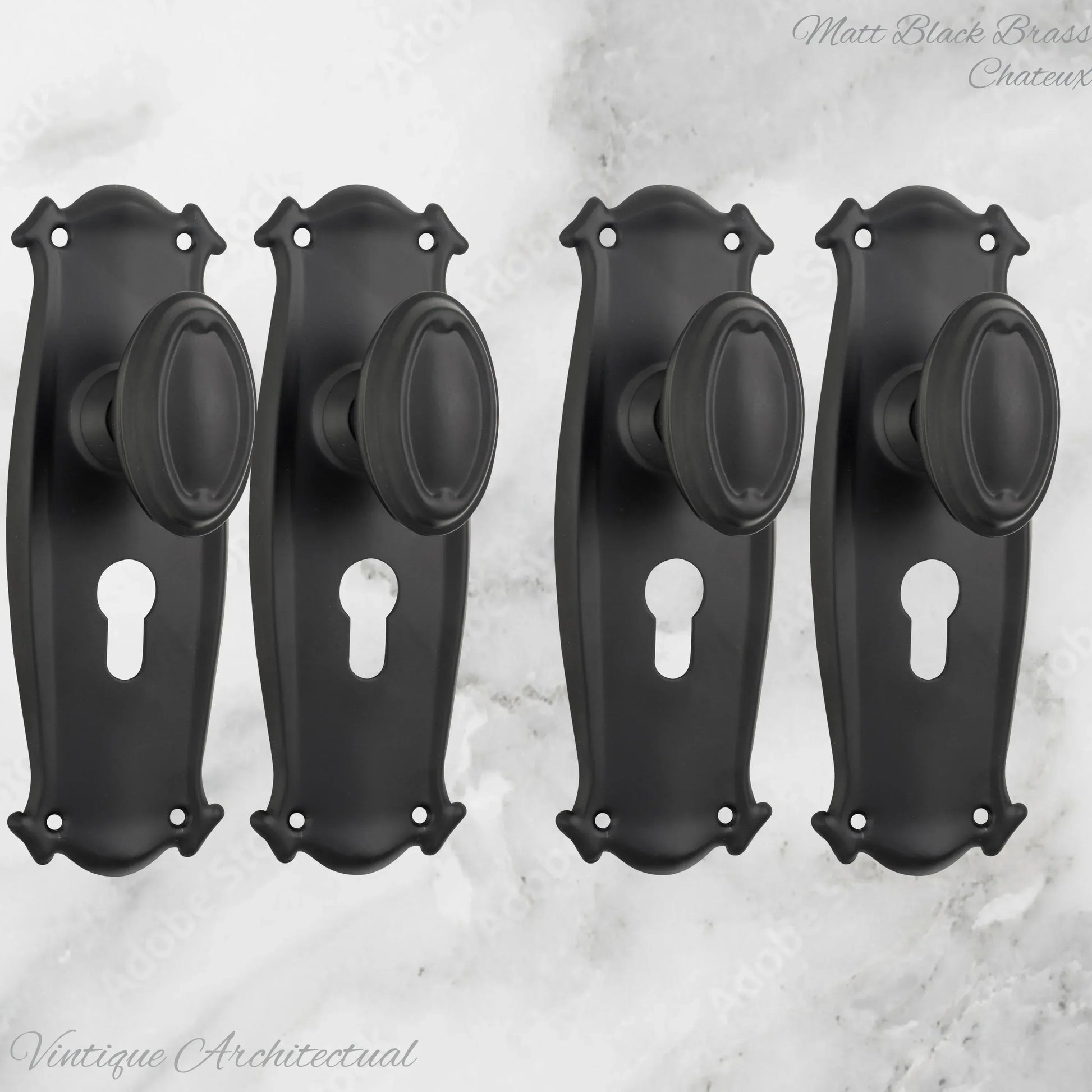 Matt Black Brass Chateau Door knob W/backplate 197 x 68mm - Vintique Concepts