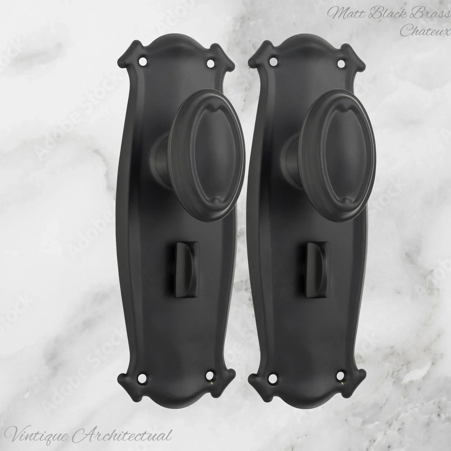 Matt Black Brass Chateau Door knob W/backplate 197 x 68mm - Vintique Concepts