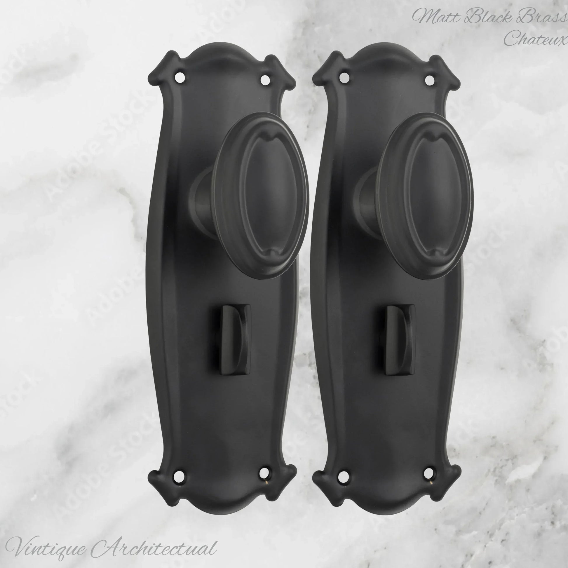 Matt Black Brass Chateau Door knob W/backplate 197 x 68mm - Vintique Concepts