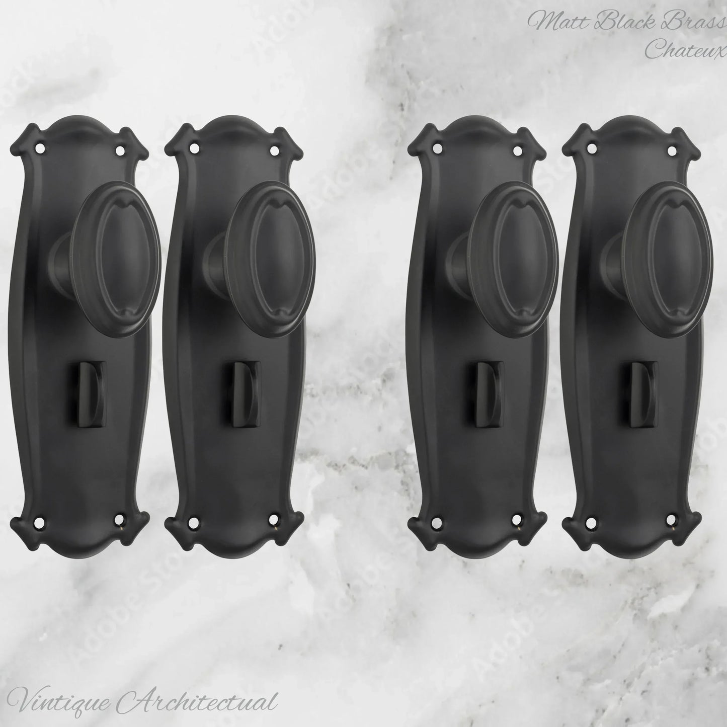 Matt Black Brass Chateau Door knob W/backplate 197 x 68mm - Vintique Concepts